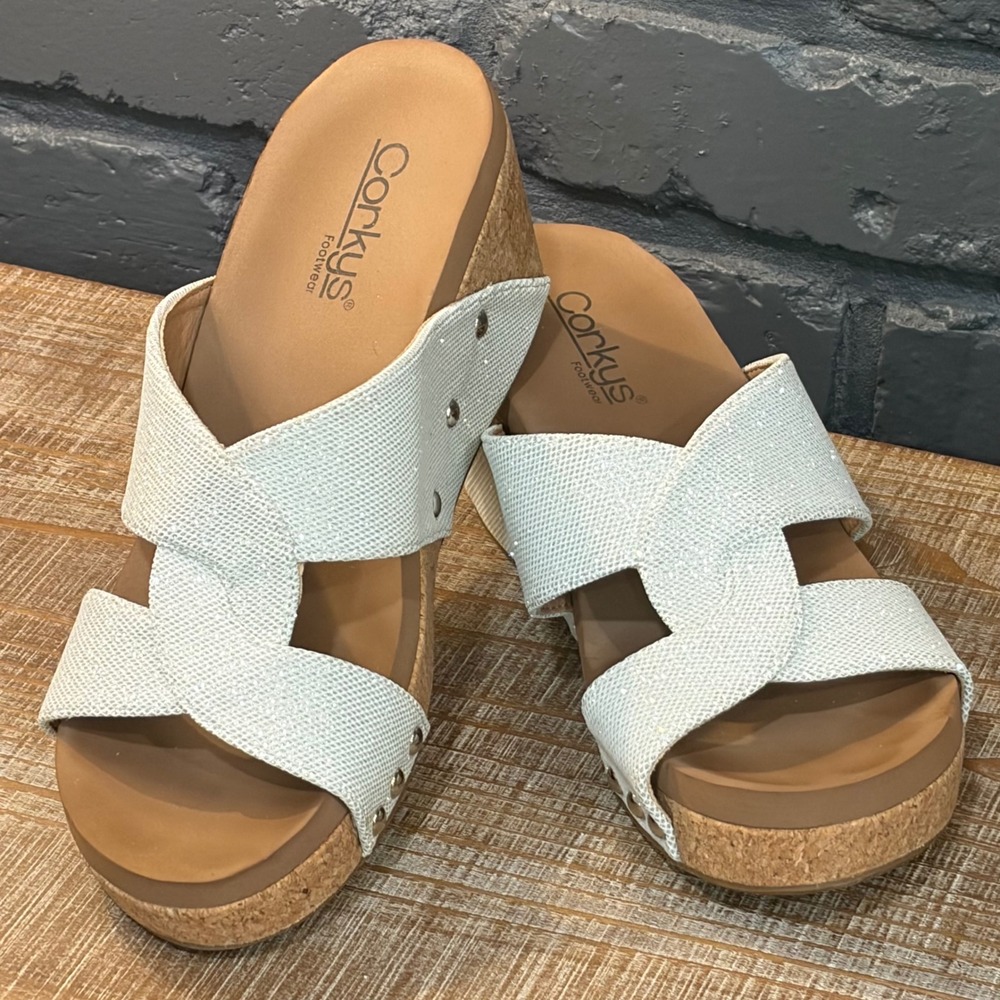 Corkys Bonny Womens White Shimmer Studded Cork Wedge Platform Slide Sandals 8